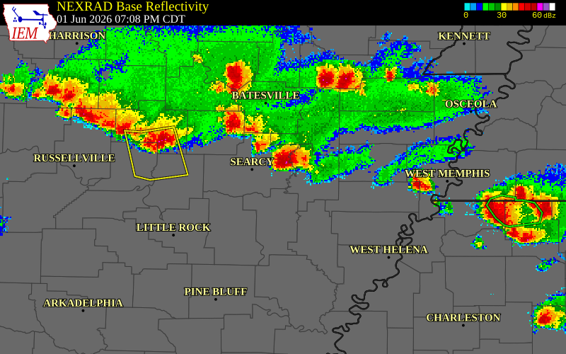 NEXRAD radar during the Monday, June 1, 2026 storm activity in Woodruff County, Arkansas