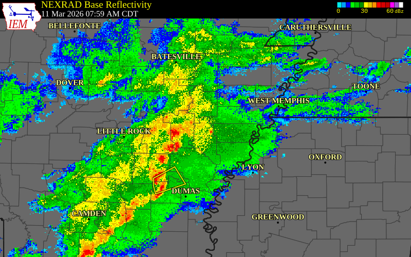 Radar snapshot during the Mar 11, 2026 wind event near Woodruff County, Woodruff County, Arkansas, with NWS warning polygons