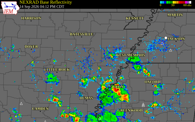 Current NEXRAD radar over Woodruff County, Arkansas with recent storm report locations