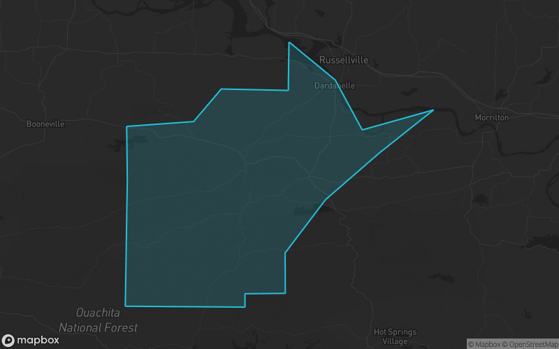 Map of Yell County, Arkansas showing the county boundary and surrounding cities