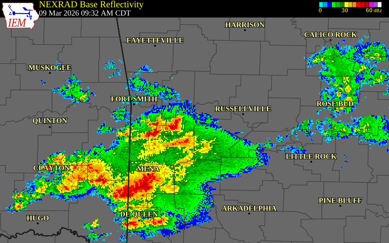 NEXRAD radar during the Monday, March 9, 2026 storm activity in Yell County, Arkansas
