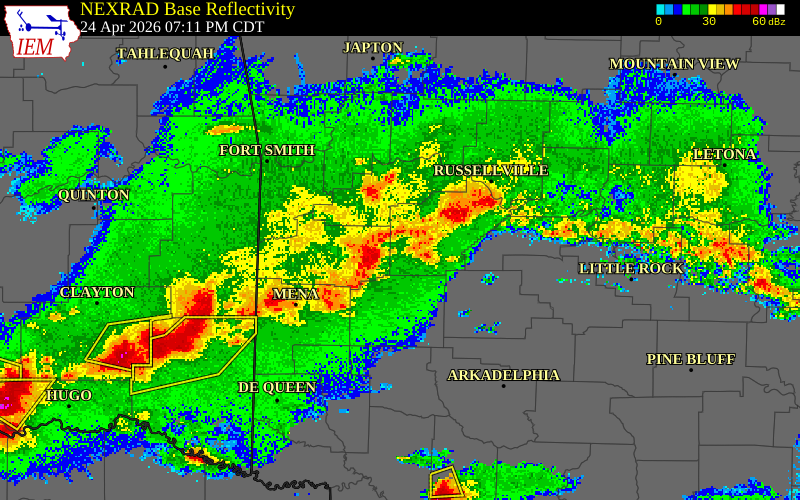 NEXRAD radar during the Friday, April 24, 2026 storm activity in Yell County, Arkansas