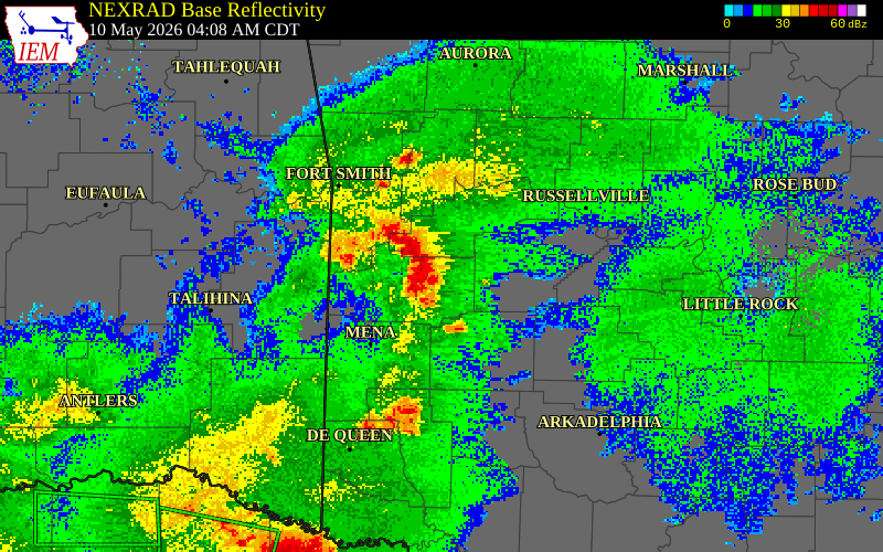 NEXRAD radar during the Sunday, May 10, 2026 storm activity in Yell County, Arkansas