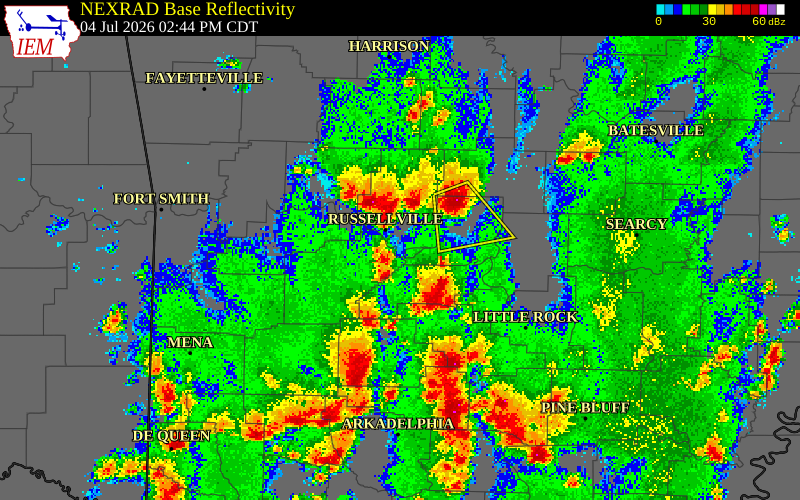 NEXRAD radar during the Saturday, July 4, 2026 storm activity in Yell County, Arkansas