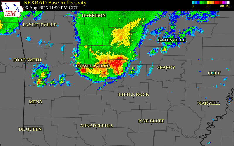 NEXRAD radar during the Thursday, August 6, 2026 storm activity in Yell County, Arkansas