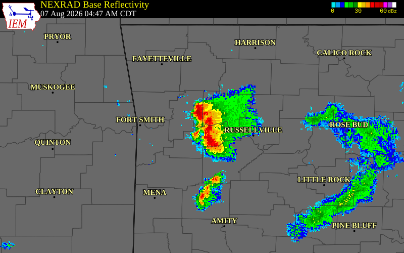 NEXRAD radar during the Friday, August 7, 2026 storm activity in Yell County, Arkansas