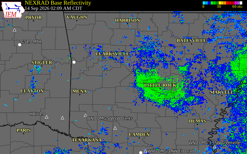 Current NEXRAD radar over Yell County, Arkansas with recent storm report locations