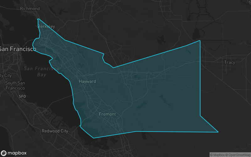 Map of Alameda County, California showing the county boundary and surrounding cities