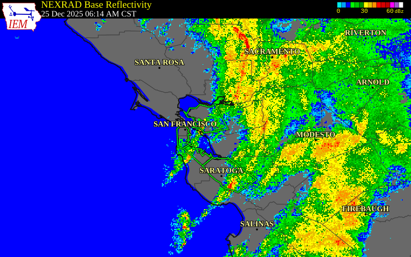 NEXRAD radar during the Thursday, December 25, 2025 storm activity in Alameda County, California