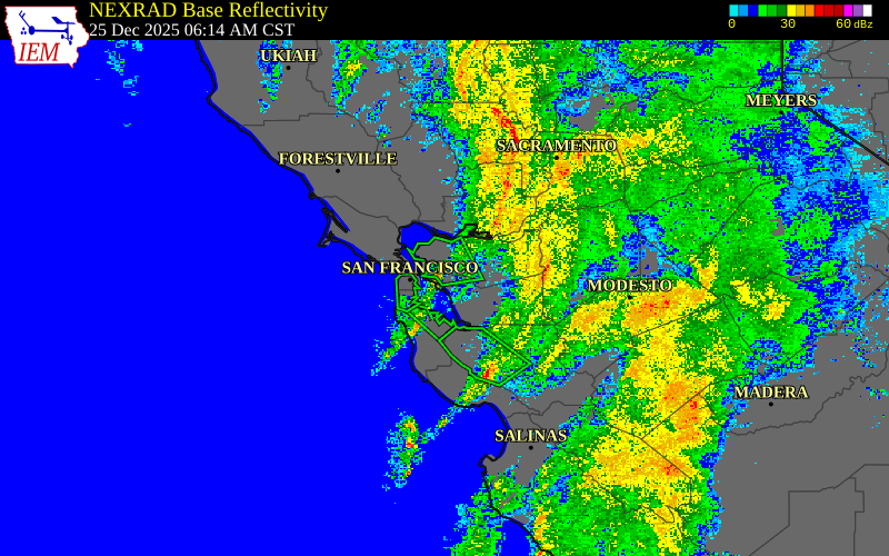 Radar snapshot during the Dec 25, 2025 wind event near 2 NE Oakland, Alameda County, California, with NWS warning polygons