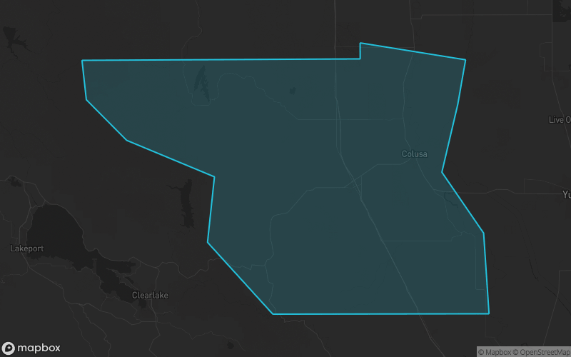 Map of Colusa County, California showing the county boundary and surrounding cities