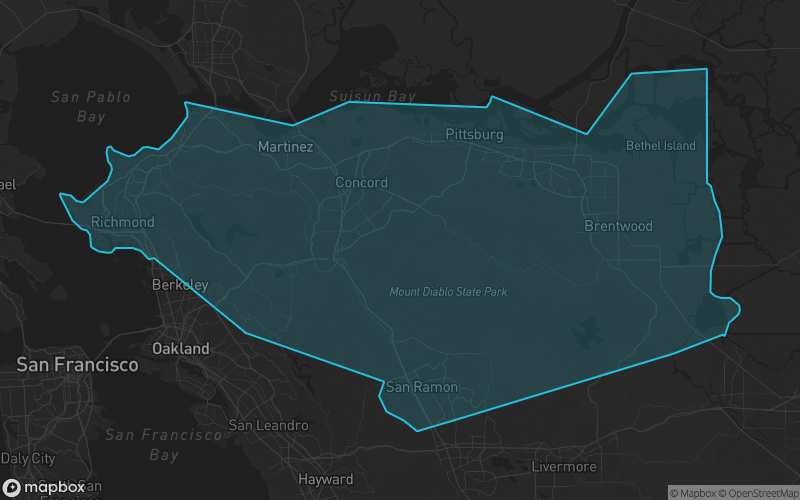 Map of Contra Costa County, California showing the county boundary and surrounding cities