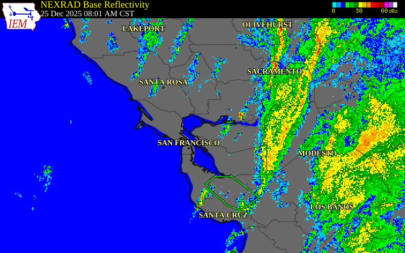 NEXRAD radar during the Thursday, December 25, 2025 storm activity in Contra Costa County, California
