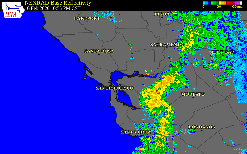 NEXRAD radar during the Monday, February 16, 2026 storm activity in Contra Costa County, California