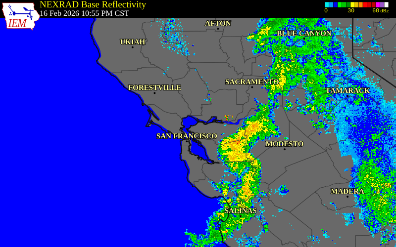 Radar snapshot during the Feb 16, 2026 wind event near 1 W Rodeo, Contra Costa County, California, with NWS warning polygons