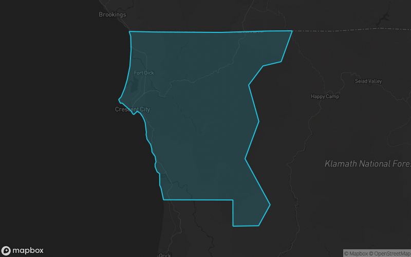 Map of Del Norte County, California showing the county boundary and surrounding cities
