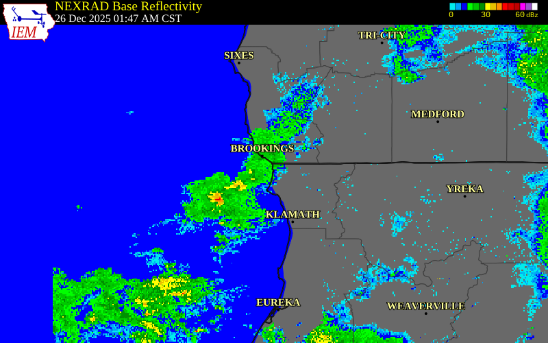 NEXRAD radar during the Thursday, December 25, 2025 storm activity in Del Norte County, California