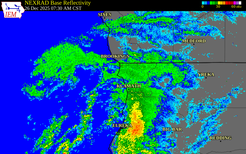 NEXRAD radar during the Friday, December 26, 2025 storm activity in Del Norte County, California