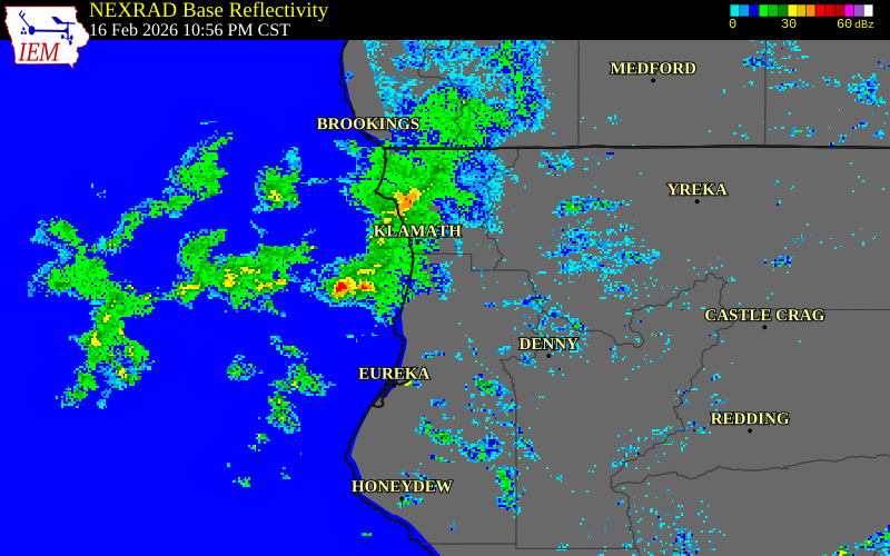 NEXRAD radar during the Monday, February 16, 2026 storm activity in Del Norte County, California