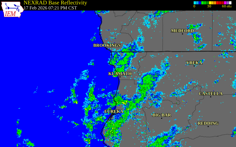NEXRAD radar during the Tuesday, February 17, 2026 storm activity in Del Norte County, California