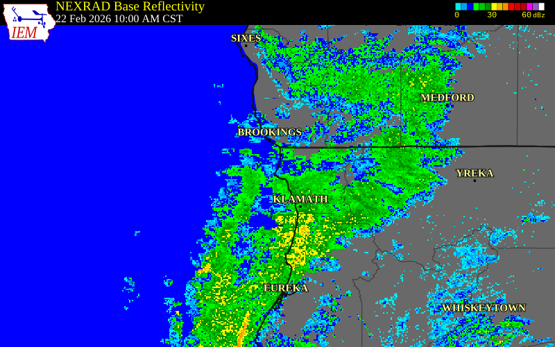 NEXRAD radar during the Sunday, February 22, 2026 storm activity in Del Norte County, California