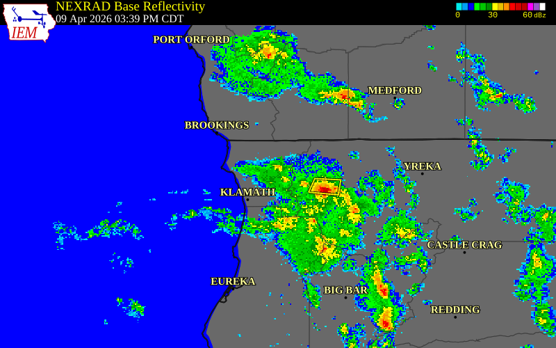 NEXRAD radar during the Thursday, April 9, 2026 storm activity in Del Norte County, California