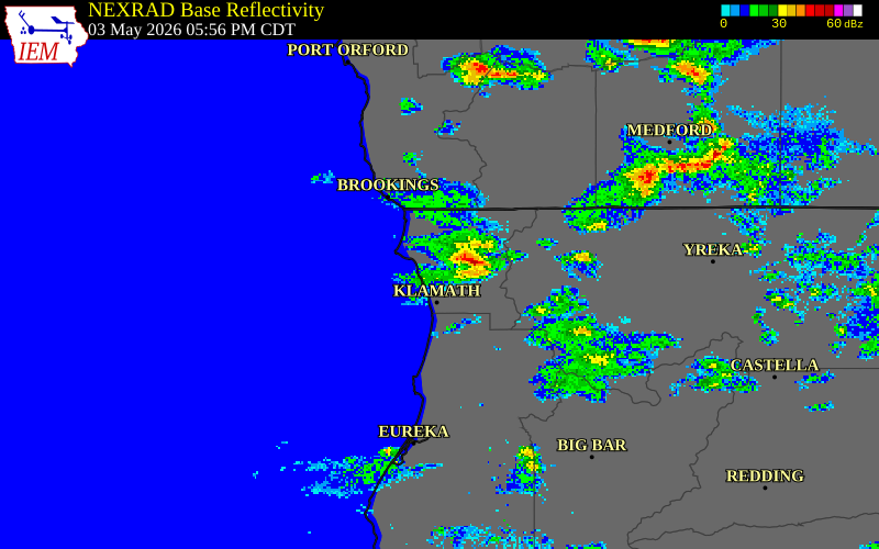 NEXRAD radar during the Sunday, May 3, 2026 storm activity in Del Norte County, California