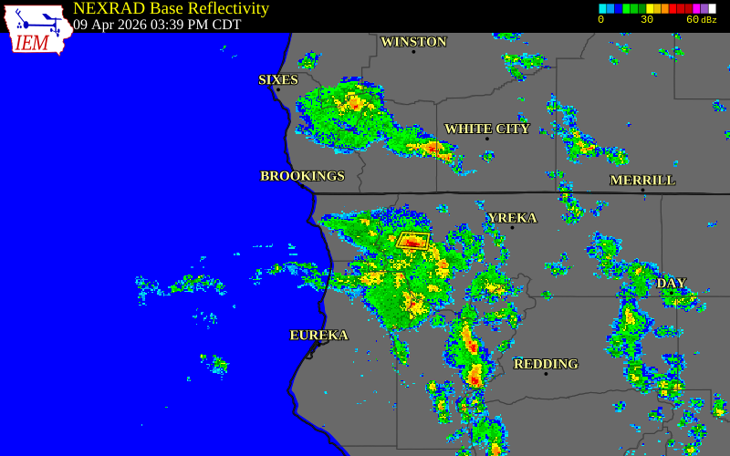 Radar snapshot during the Apr 9, 2026 wind event near 12 SE Gasquet, Del Norte County, California, with NWS warning polygons