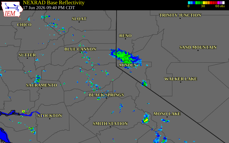 NEXRAD radar during the Wednesday, June 17, 2026 storm activity in El Dorado County, California