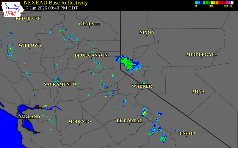 Radar snapshot during the Jun 17, 2026 wind event near 3 NNW Meyers, El Dorado County, California, with NWS warning polygons