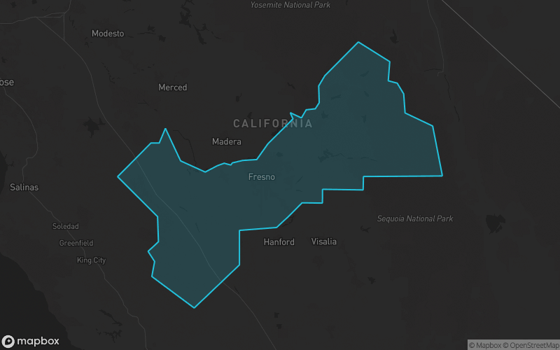 Map of Fresno County, California showing the county boundary and surrounding cities