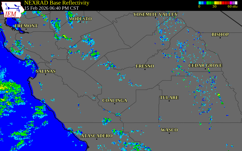 NEXRAD radar during the Sunday, February 15, 2026 storm activity in Fresno County, California