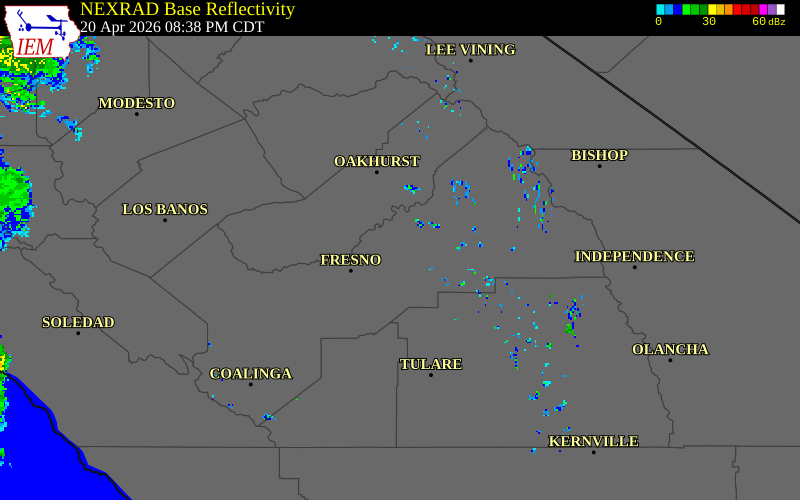 NEXRAD radar during the Monday, April 20, 2026 storm activity in Fresno County, California