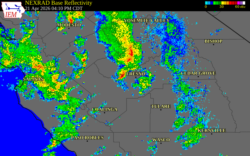 NEXRAD radar during the Tuesday, April 21, 2026 storm activity in Fresno County, California