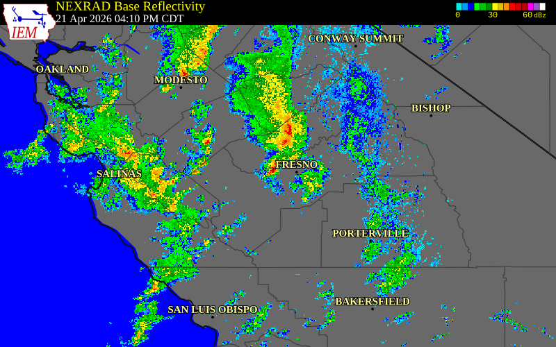 Radar snapshot during the Apr 21, 2026 tornado event near 5 NE Kerman, Fresno County, California, with NWS warning polygons