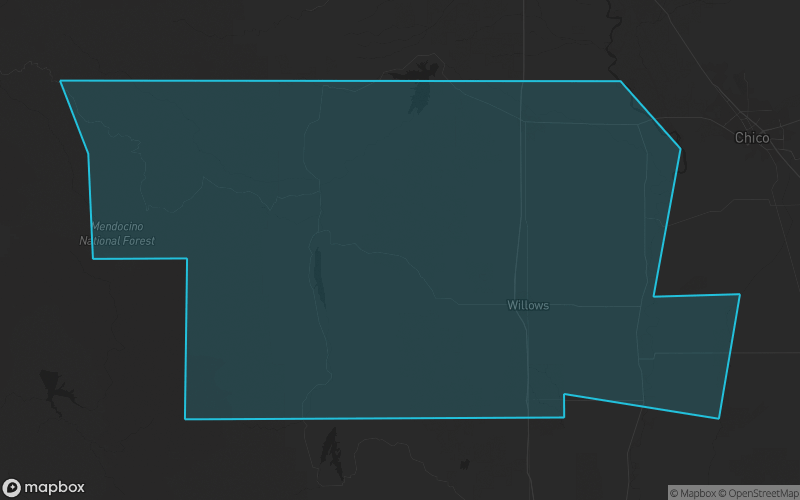 Map of Glenn County, California showing the county boundary and surrounding cities