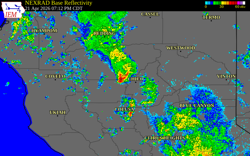NEXRAD radar during the Tuesday, April 21, 2026 storm activity in Glenn County, California