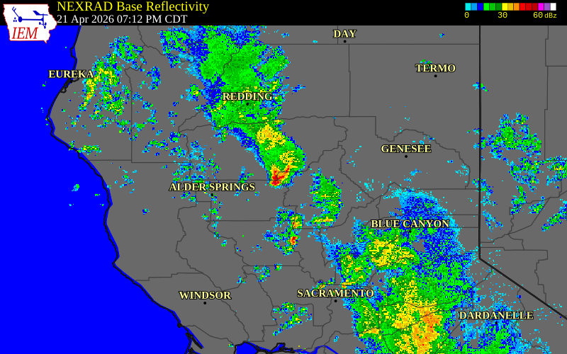 Radar snapshot during the Apr 21, 2026 hail event near Glenn County, Glenn County, California, with NWS warning polygons
