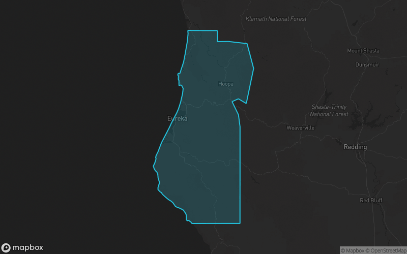 Map of Humboldt County, California showing the county boundary and surrounding cities