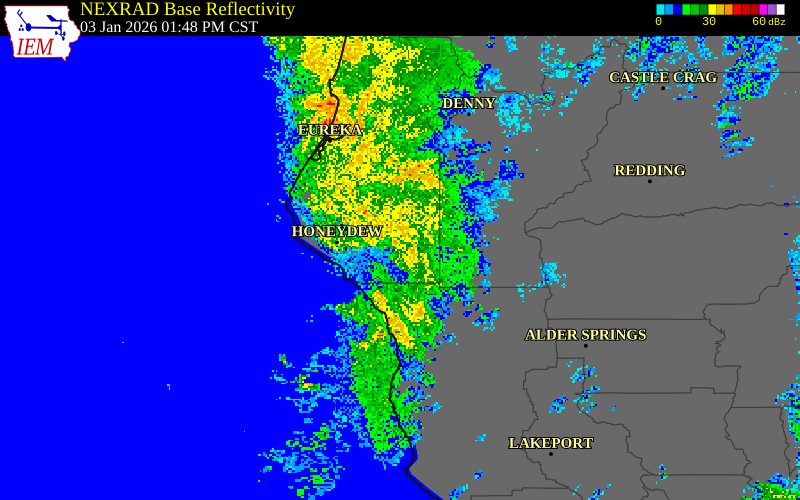 NEXRAD radar during the Saturday, January 3, 2026 storm activity in Humboldt County, California
