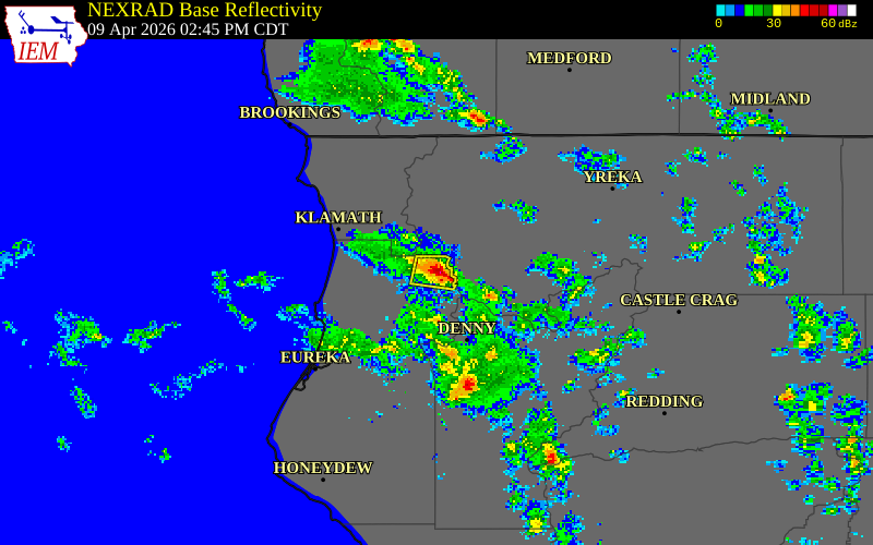NEXRAD radar during the Thursday, April 9, 2026 storm activity in Humboldt County, California