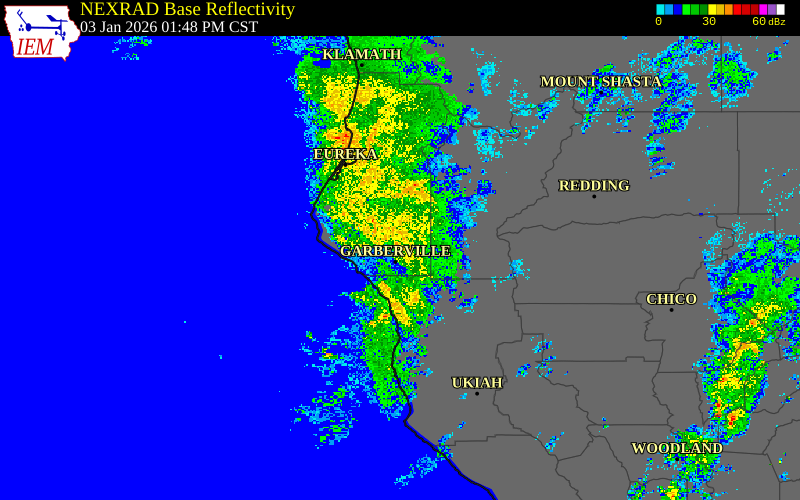 Radar snapshot during the Jan 3, 2026 wind event near 4 SE Miranda, Humboldt County, California, with NWS warning polygons