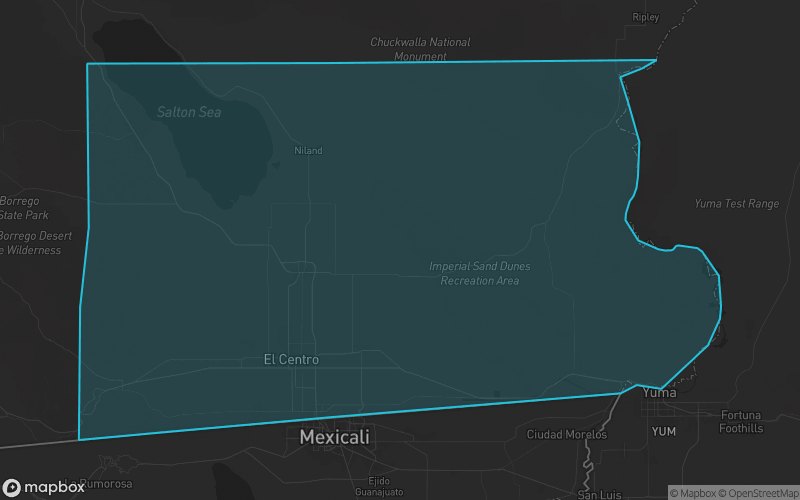 Map of Imperial County, California showing the county boundary and surrounding cities
