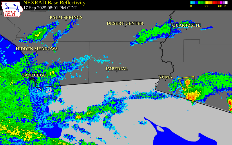 NEXRAD radar during the Wednesday, September 17, 2025 storm activity in Imperial County, California