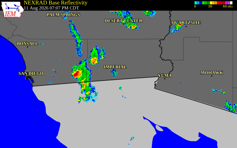 NEXRAD radar during the Tuesday, August 11, 2026 storm activity in Imperial County, California