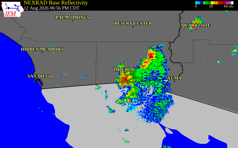 NEXRAD radar during the Wednesday, August 12, 2026 storm activity in Imperial County, California