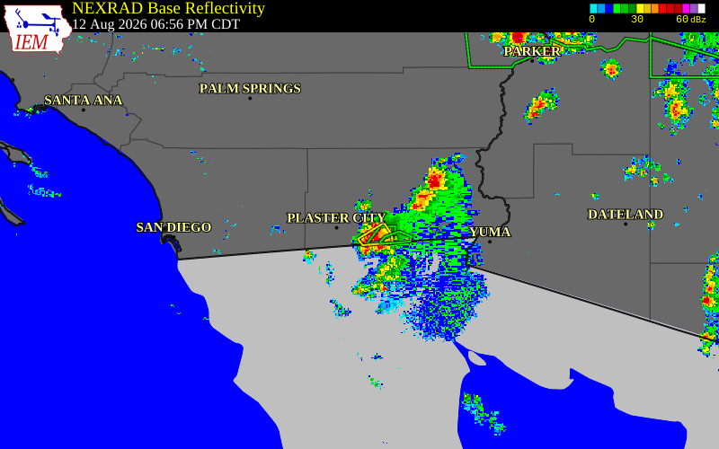 Radar snapshot during the Aug 12, 2026 wind event near 2 NNE Seeley, Imperial County, California, with NWS warning polygons