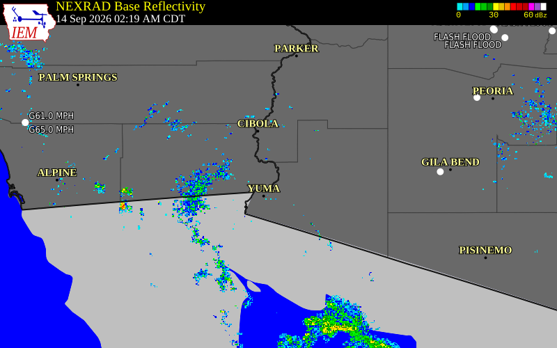 Current NEXRAD radar over Imperial County, California with recent storm report locations