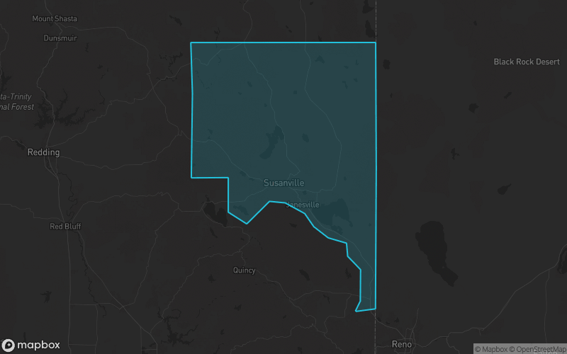 Map of Lassen County, California showing the county boundary and surrounding cities