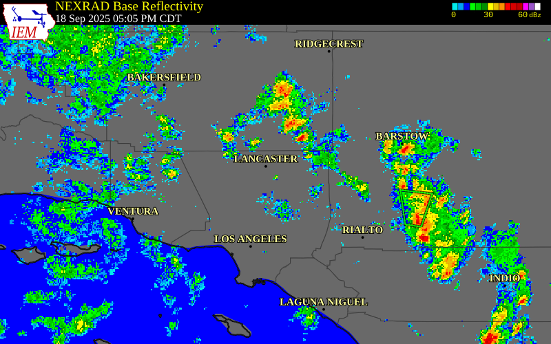 NEXRAD radar during the Thursday, September 18, 2025 storm activity in Los Angeles County, California